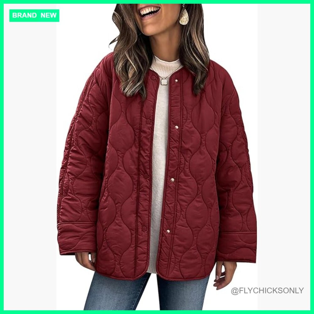 Oversized Lightweight Quilted Jacket With Pockets, Button Closure